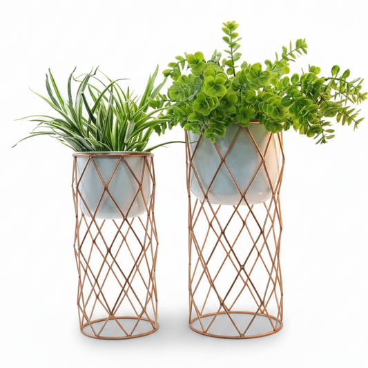 Diamond Grid Stand Modern Metal Planters Set of 2