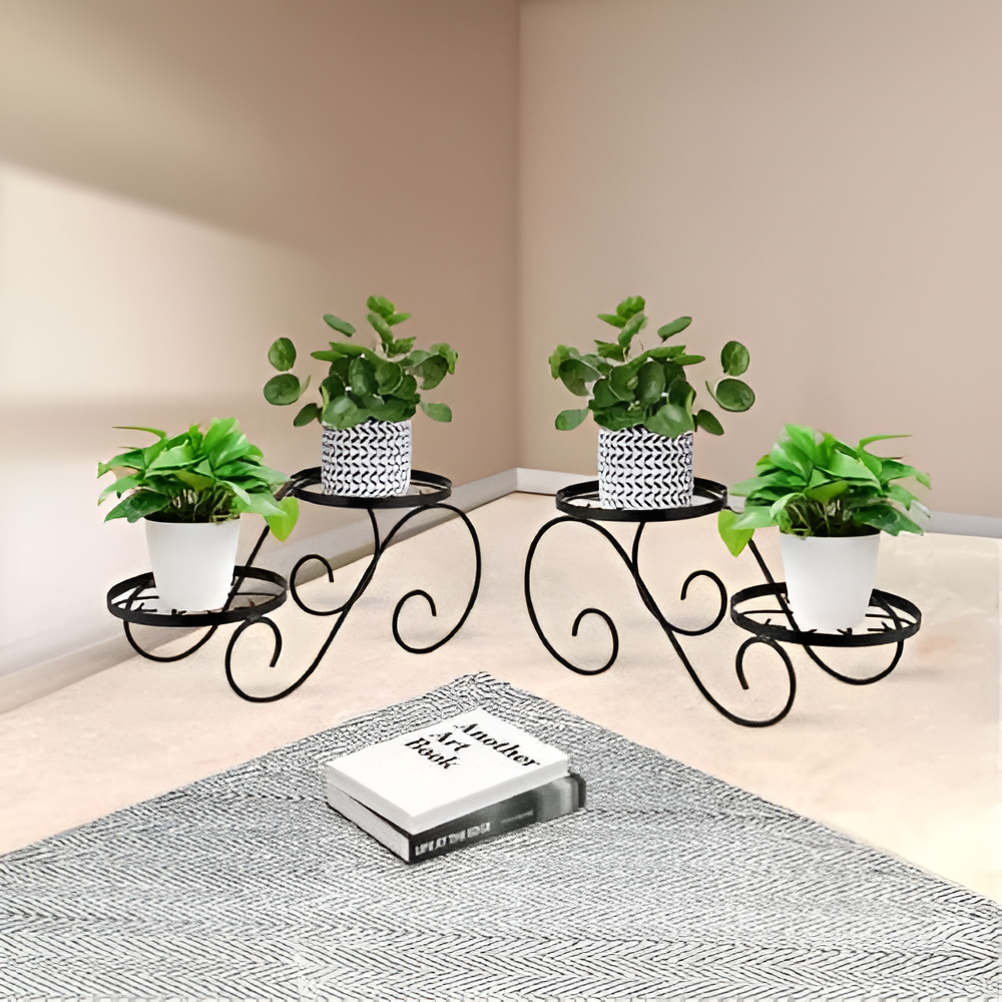 Black Double Scroll Iron Planter Stand – Twin Pot Display