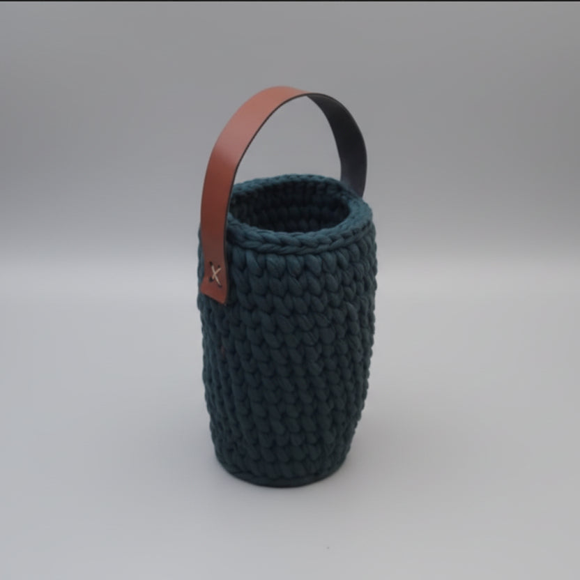 Handknitted Green Wine Bottle Cover with Leather Handle