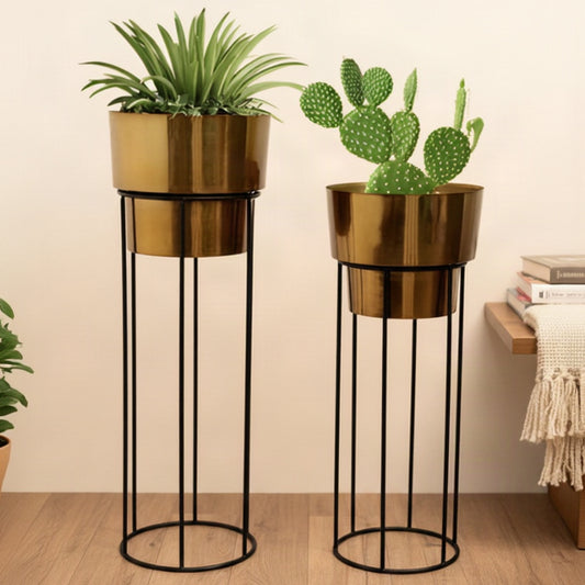 Glossy Gold Metal Pots with Black Iron Stands Set