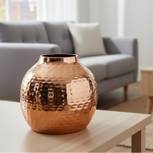Copper vase on a table in a living room with a gray sofa and abstract painting.