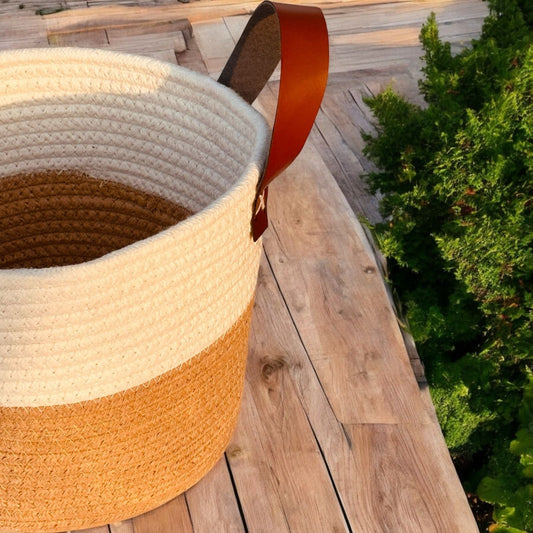 Versatile Round Jute Basket with PU Handle – Hamper, Fruit & Gift Basket (9.5″X7″)