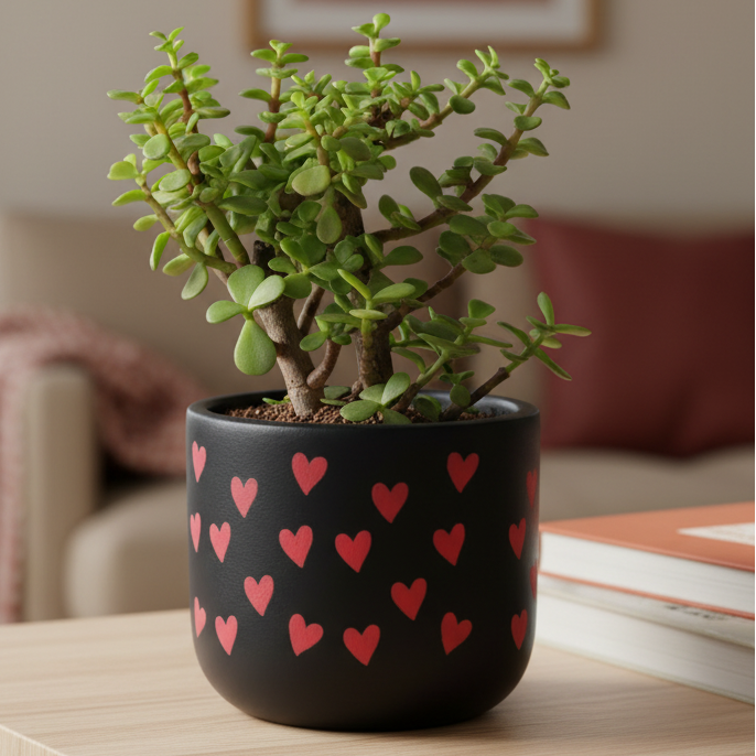 Crimson Hearts Matt Black Terracotta Planter