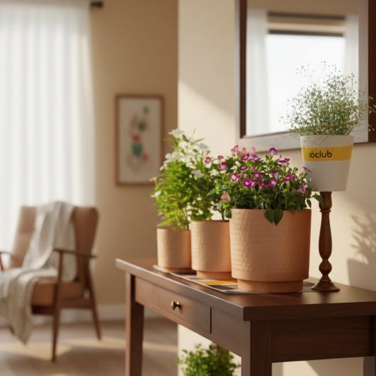Potted plants on a wooden table with a blurred background