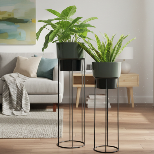 Cylindrical Planters on Tall Metal Stands Set of 2