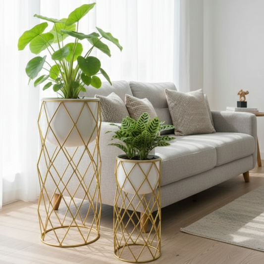 Diamond Grid Stand Planters – set of 2 Modern Metal Planter Set