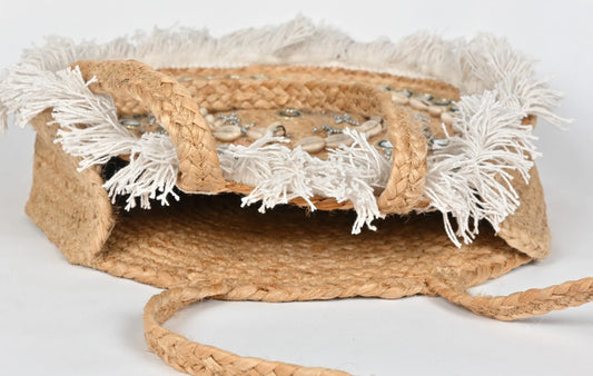 BANJARA Handcrafted Round Jute Handbag – Boho Chic Beach Bag with Shells & Mirrors