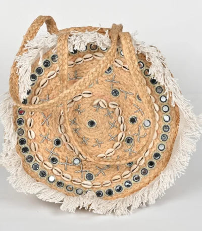 BANJARA Handcrafted Round Jute Handbag – Boho Chic Beach Bag with Shells & Mirrors