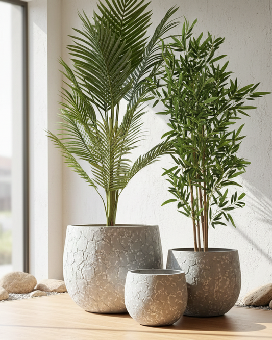 Three potted plants in textured pots on a wooden surface with a neutral background