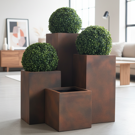 Decorative outdoor planters with green spherical plants in a modern indoor setting.