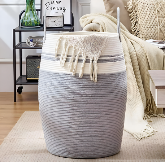 Tall Cotton Rope Storage Basket – Grey & White with Handles