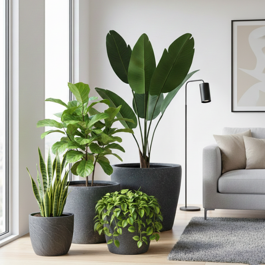 Potted plants on a windowsill in a modern living room