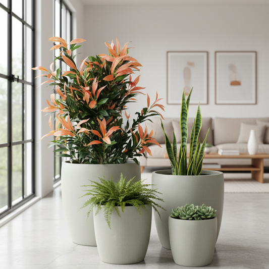 Potted plants in a living room setting with a couch and large windows.