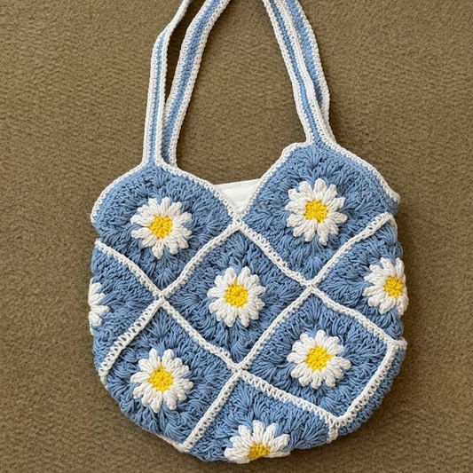 Cotton Flower Crochet Handbag for Women Blue