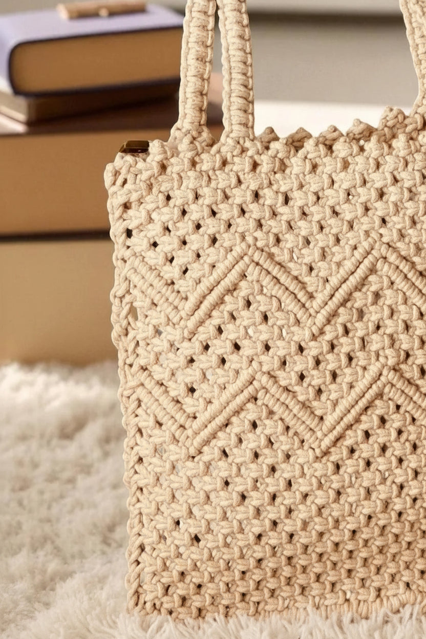 Boho-Chic White Macramé Cotton Cord Handbag