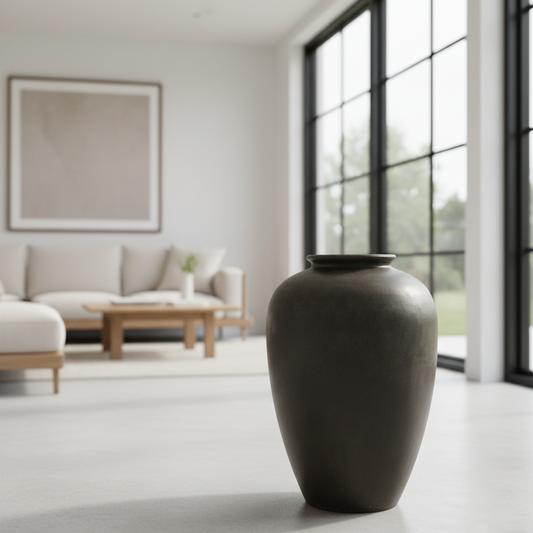 Large black vase on a white surface in a modern living room.