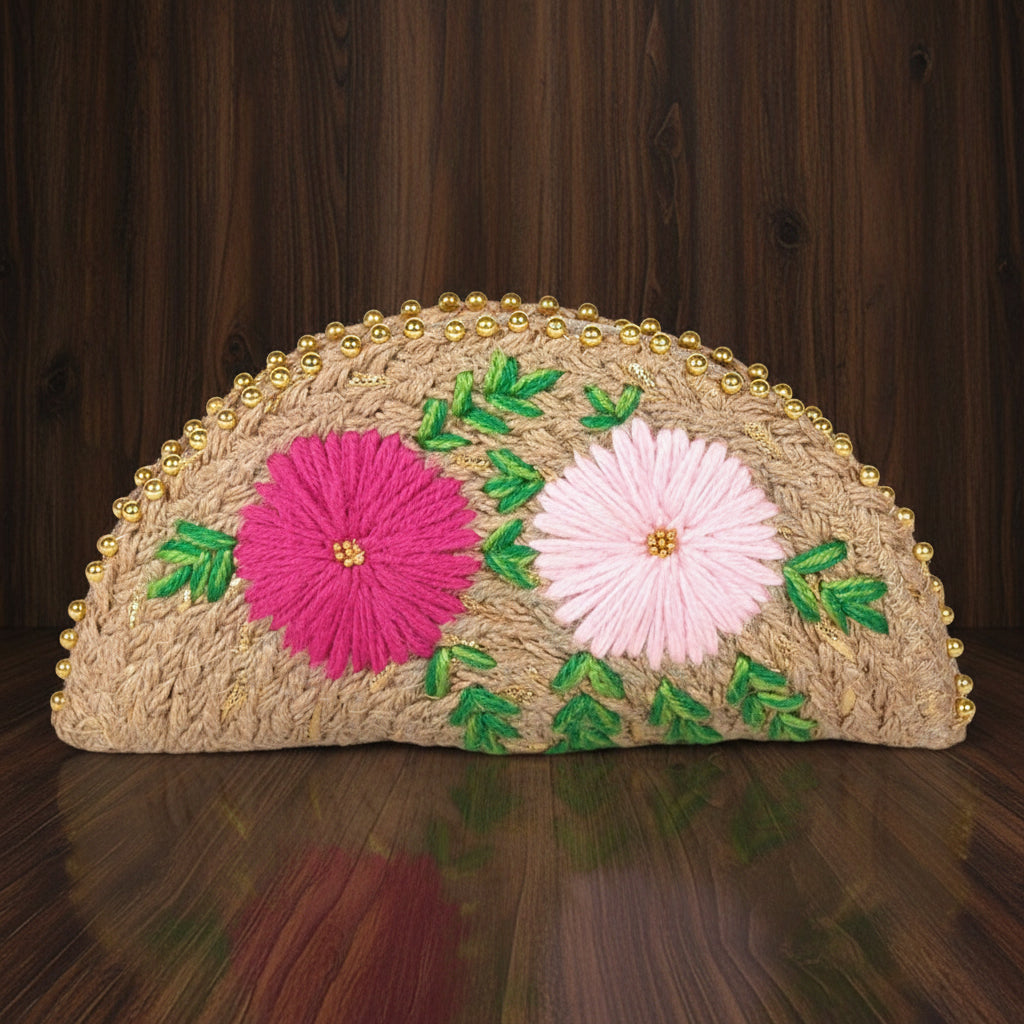 Handcrafted Half-Moon Jute Pouch Two Flowers