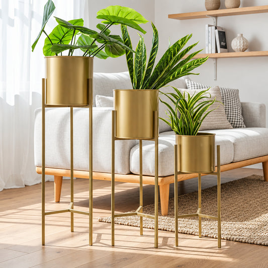 Set of 3 Modern Cylindrical Planters on Stands