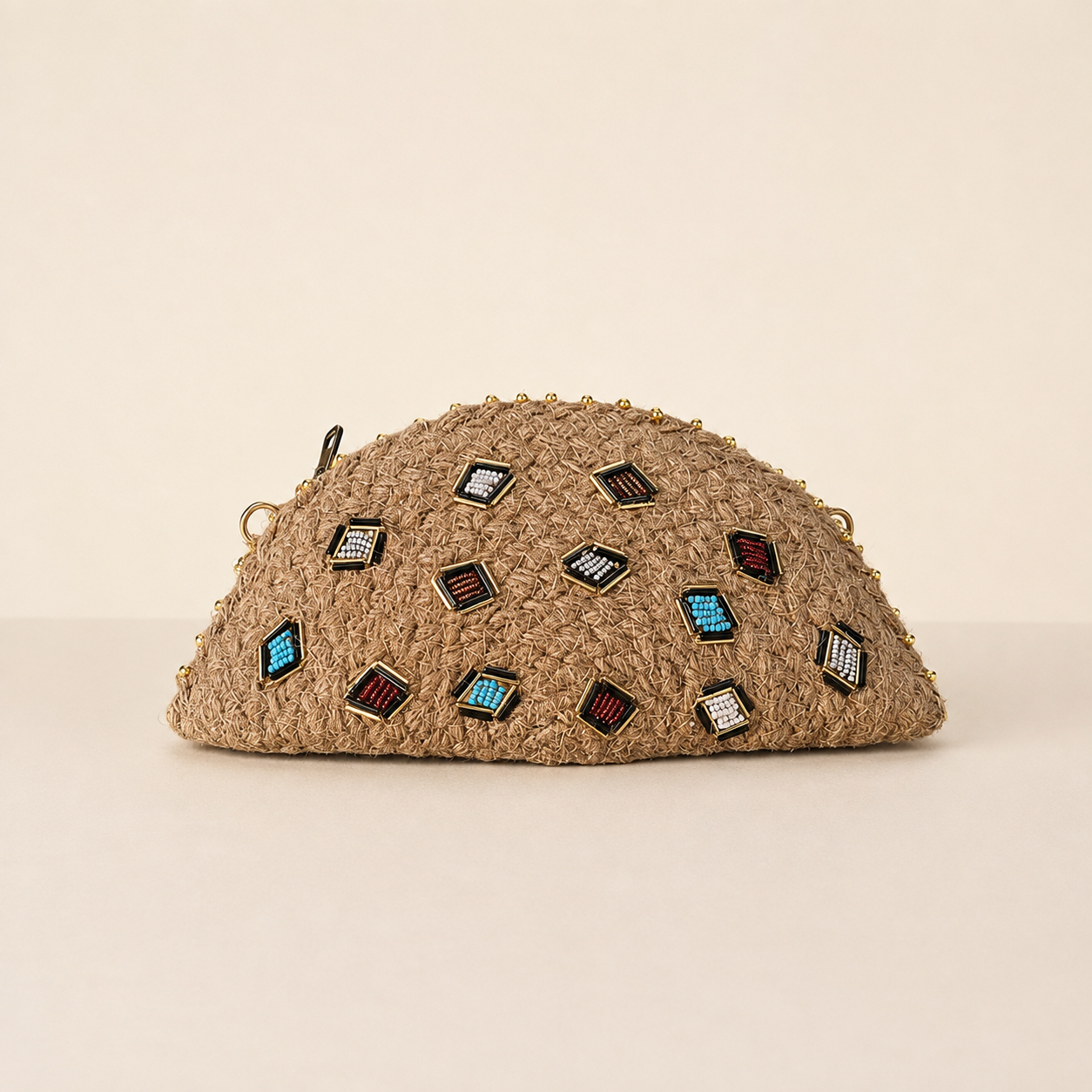 Embroidered Half-Moon Jute Clutch Bag