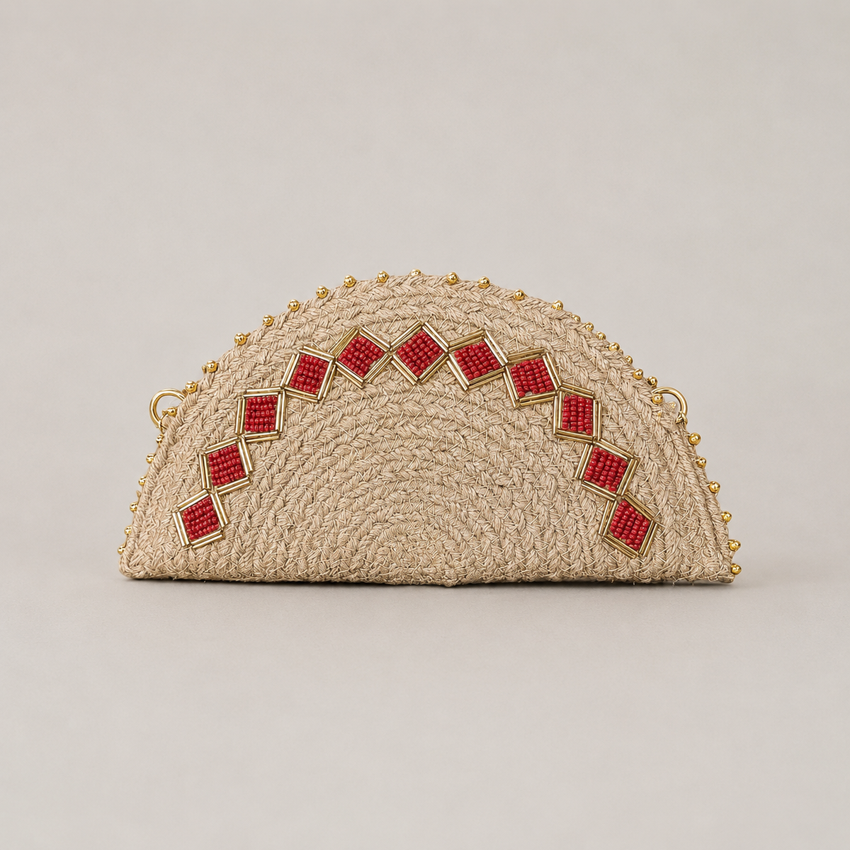 Embroidered Half-Moon Jute Clutch Bag Red Diamond