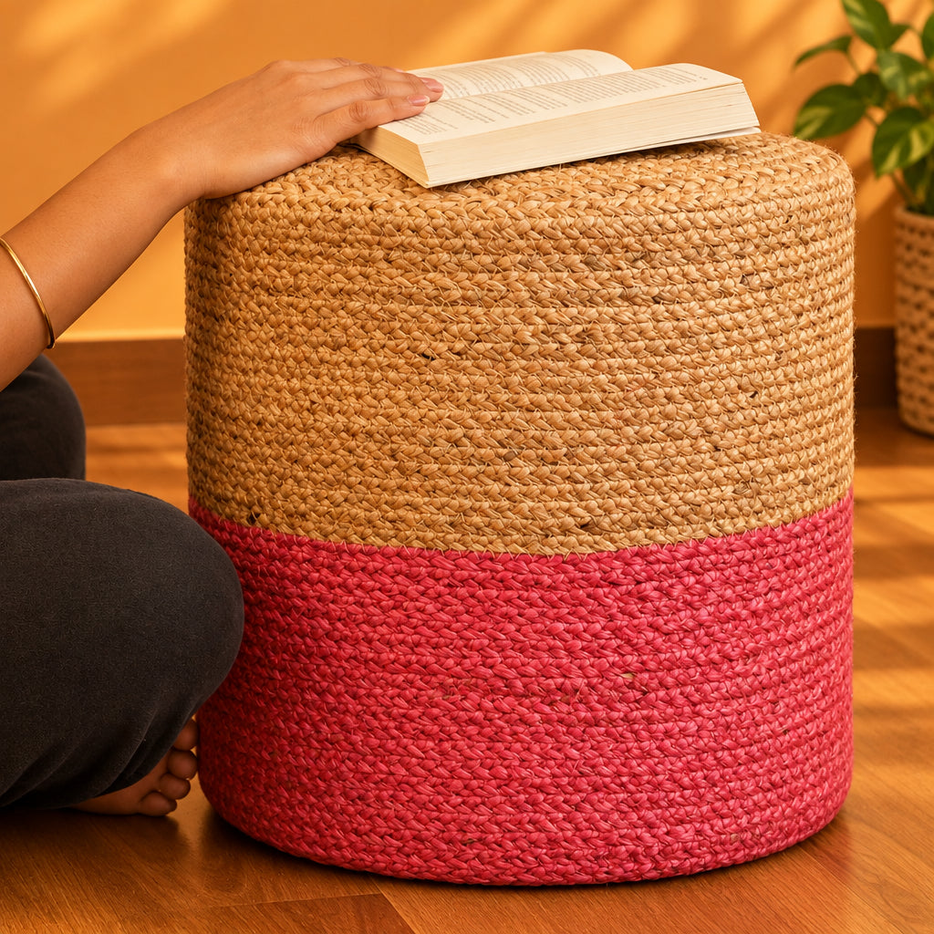 Handcrafted Beige & Pink Jute Ottoman Pouffe