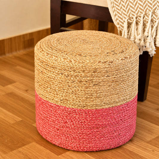 Handcrafted Beige & Pink Jute Ottoman Pouffe