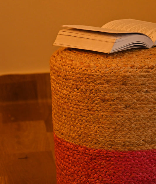 Handcrafted Beige & Pink Jute Ottoman Pouffe
