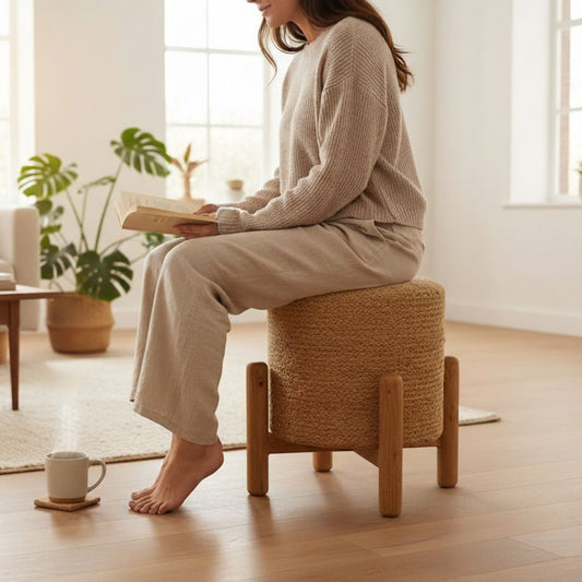 Handcrafted Jute Pouffe with Wooden Legs