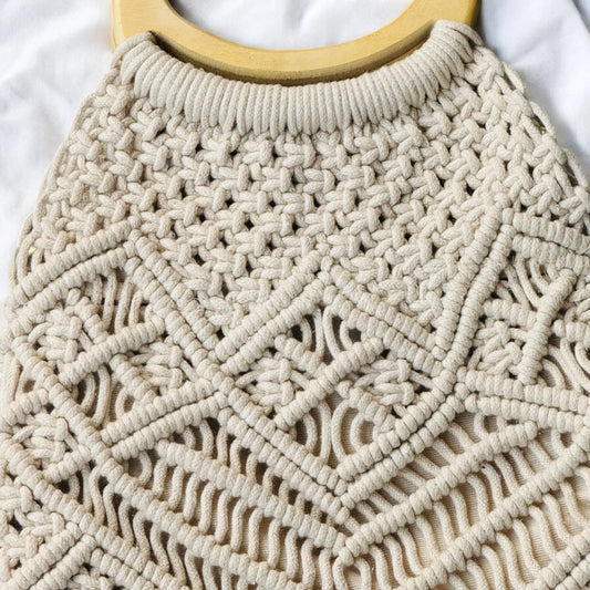 Pretty Lady Cotton Macrame boho Bag – Boho Chic Beach with White Wooden Handle