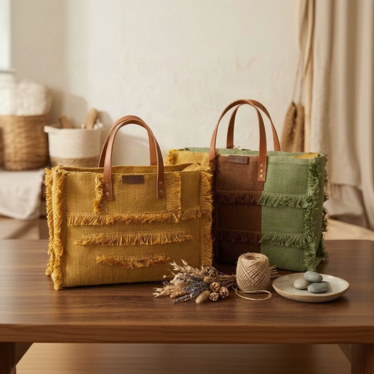 Jute Handbag with Laptop Pocket and Zipper Closure Mustard