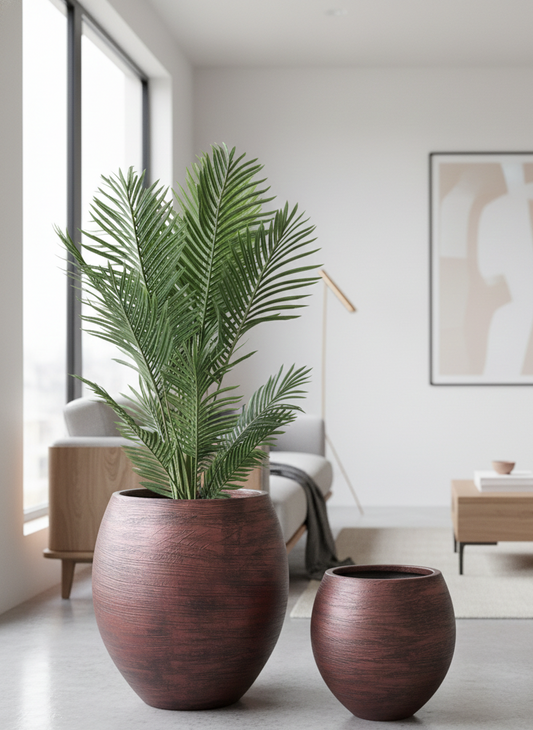 Two large brown planters with green plants inside, placed on a light-colored floor in a modern living room.