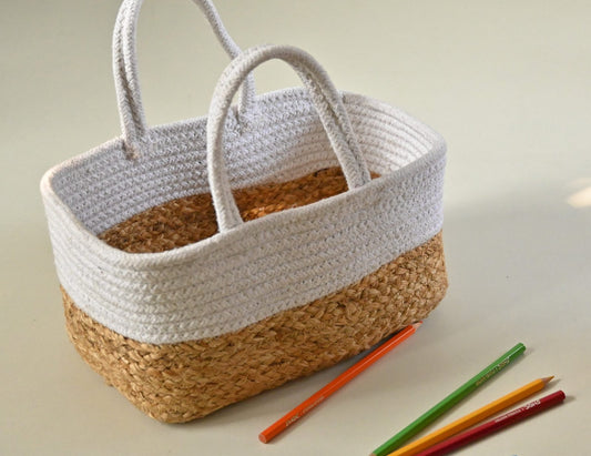 Multicolor Fabric Raffia Handmade Jute & Cotton Design Rectangular Basket.