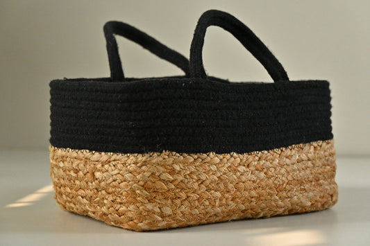 Multicolor Fabric Raffia Handmade Jute & Cotton Design Rectangular Basket.