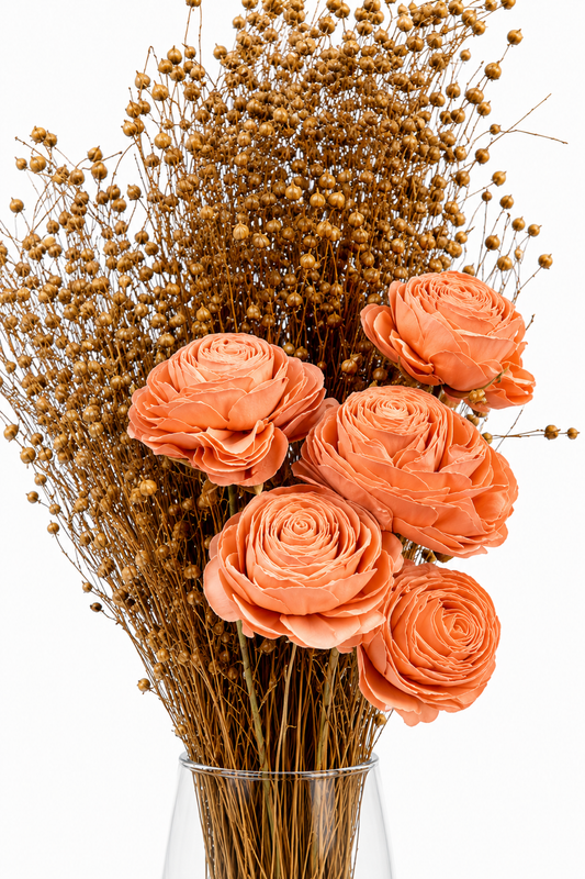 Peach Sola Wood Rose Bouquet with Dried Golden Seed Pod Stems