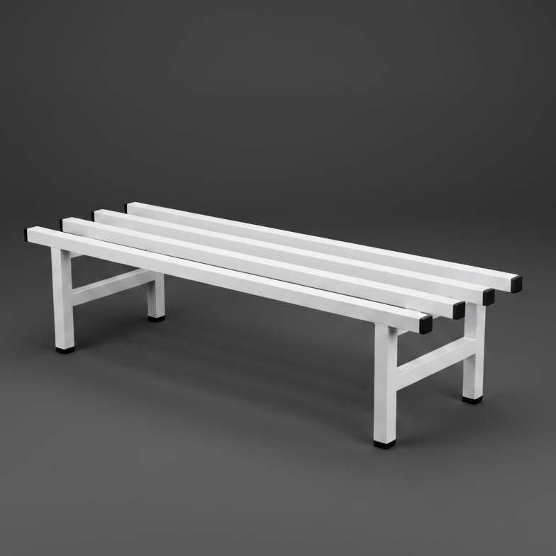Two white metal benches with black feet on a white background