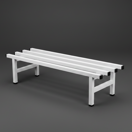 Two white metal benches with black feet on a white background