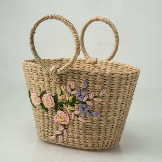 Oval Cane Handle Bag with Embroidery