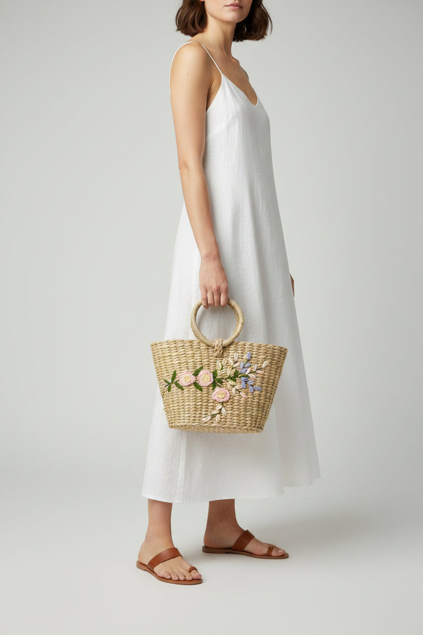 Oval Cane Handle Kauna Grass Bag with Embroidery