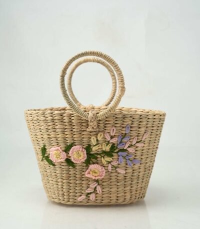 Oval Cane Handle Bag with Embroidery