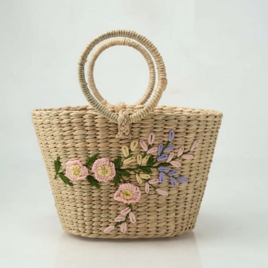 Oval Cane Handle Kauna Grass Bag with Embroidery