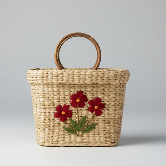 Oval Shopping Kauna Grass Bag with Floral Embroidery