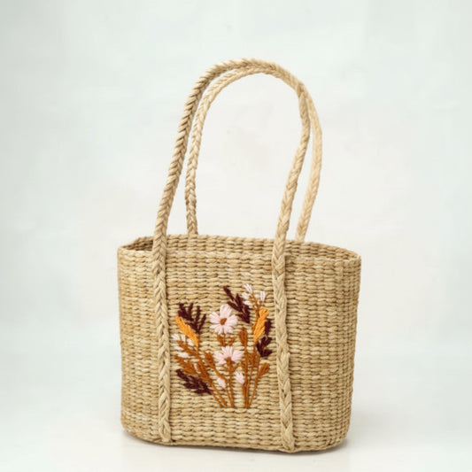 Fancy Handwoven Kauna Grass Bag with Floral Embroidery