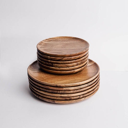 Dune Acacia Wood Plate Set | 12-Piece Dinnerware Collection | 6 Small & 6 Large