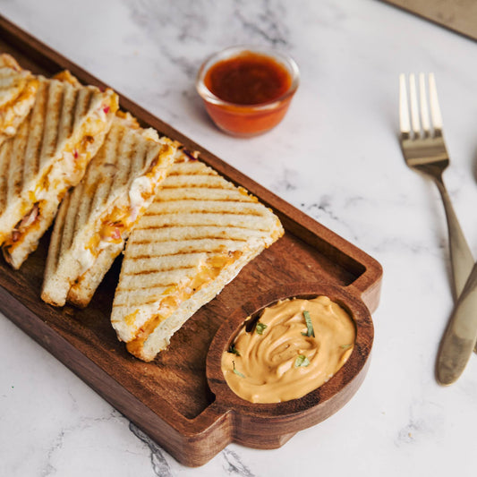 Datona Platter in Acacia Wood | Rectangular Serving Tray with Dual Dip Wells