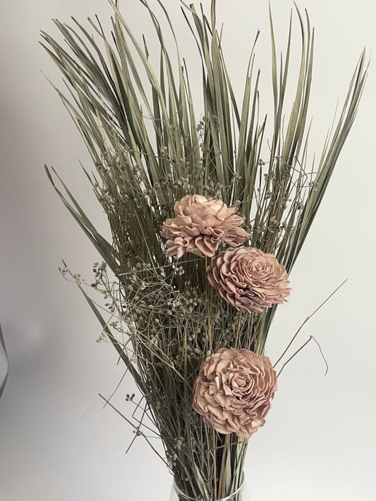Old Pink Sola Wood Rose Bouquet with Dried Reed Grass & Filler Stems