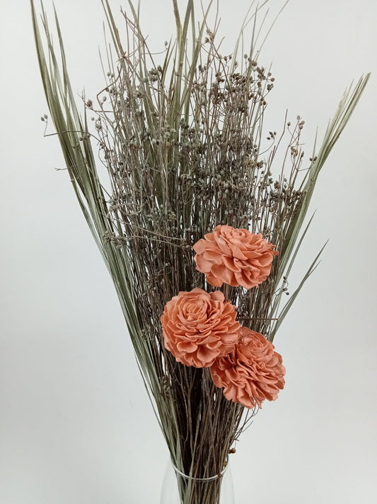 Coral Sola Wood Rose Bouquet with Dried Reed Grass & Seed Stems