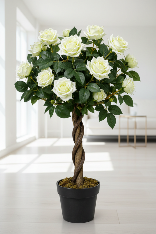 Artificial White Rose Plant - 35.43″ Faux Decor