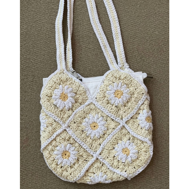 Cotton Flower Crochet Handbag for Women Yellow