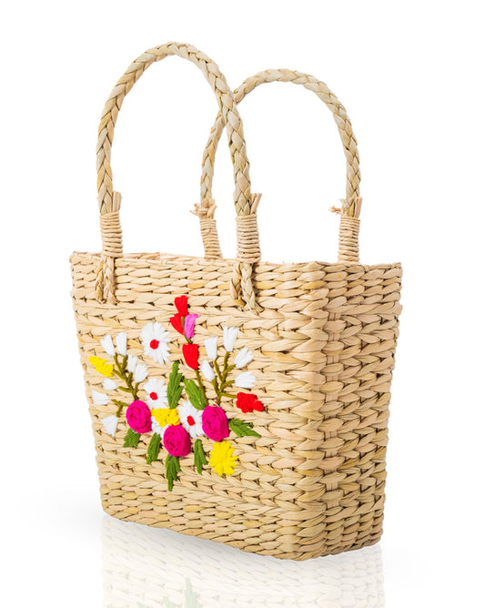 Handwoven Natural Fiber Tote Bag with Floral Embroidery