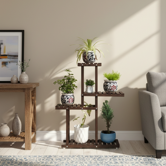 Brown Wooden Tiered Plant Stand – 5 Level Shelf Rack